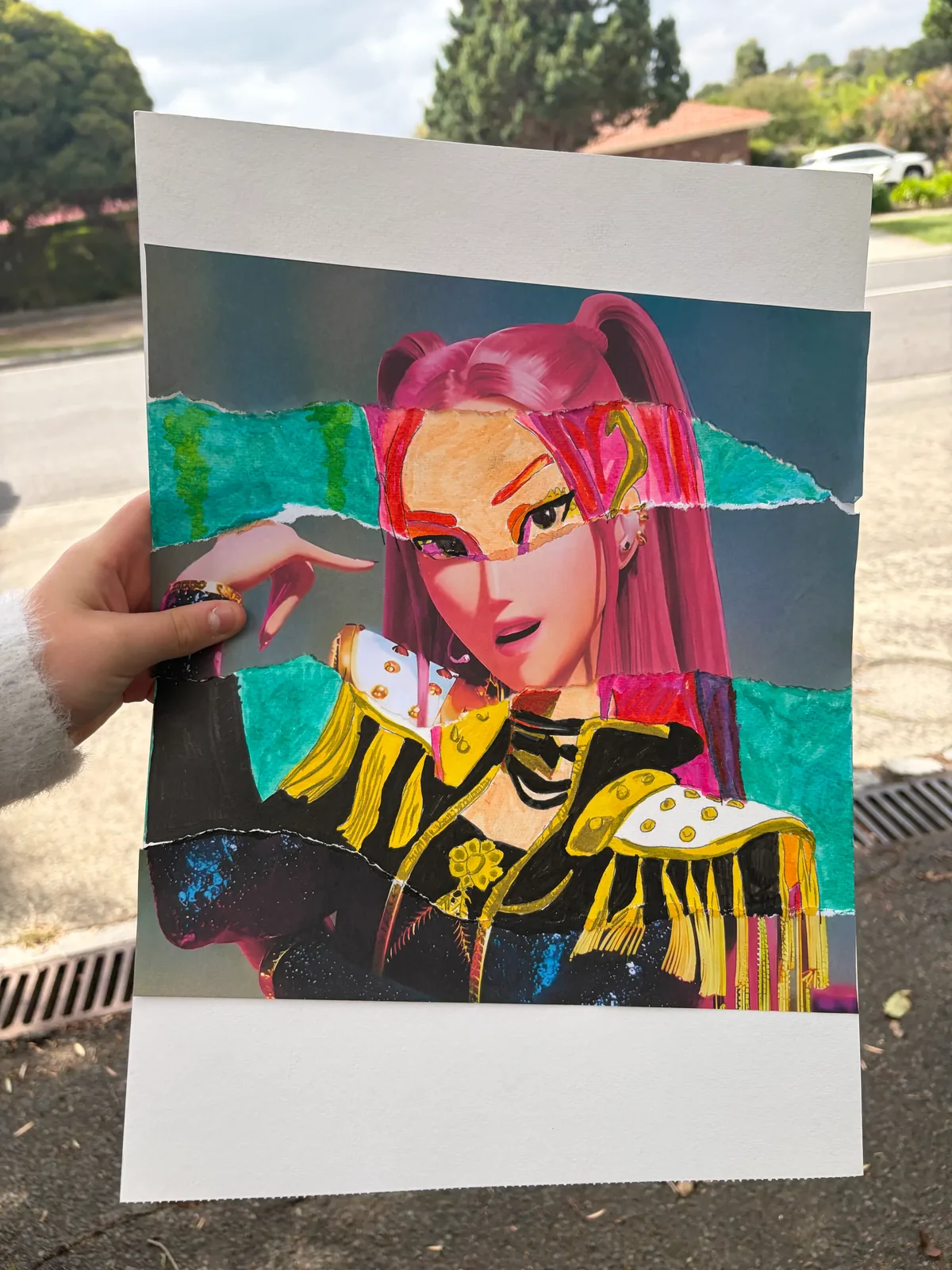 A bright, colourful portrait painting finished by a guest at a private paint party